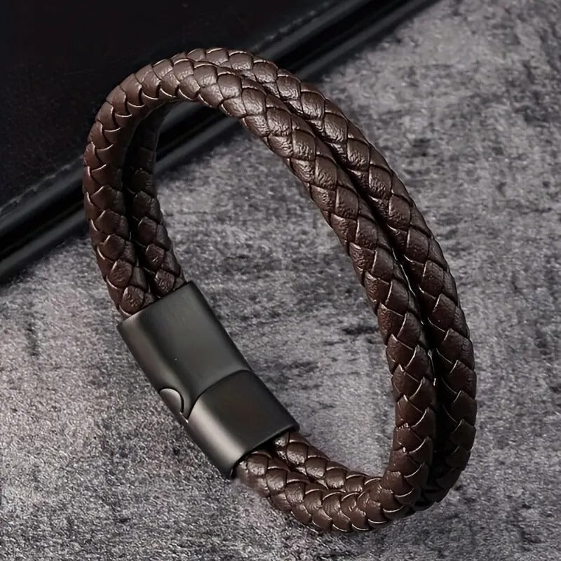Pulsera Hombre Cuero Trenzado con Acero Inoxidable