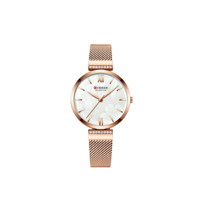 Reloj Curren 9067 de mujer, malla oro rosa y esfera nacarada, vista frontal