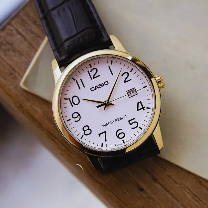 Reloj Casio MTP-V002GL-7B2 Hombre – Diseño Clásico Dorado con Correa de Cuero y Fecha