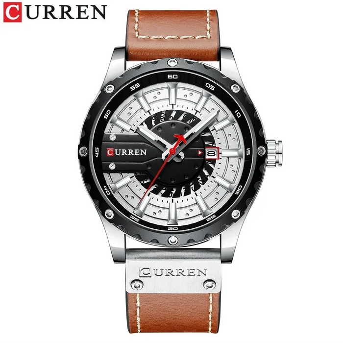 Reloj Curren 8374 de hombre, plateado y correa café claro — Foucault Valdivia