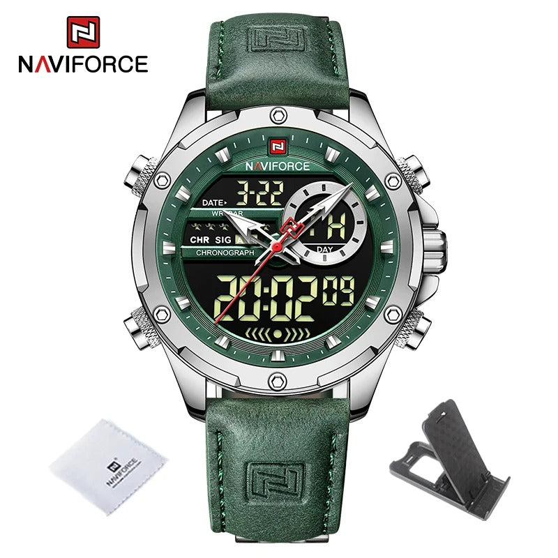 Reloj Naviforce Hombre Cuero Militar Doble Pantalla