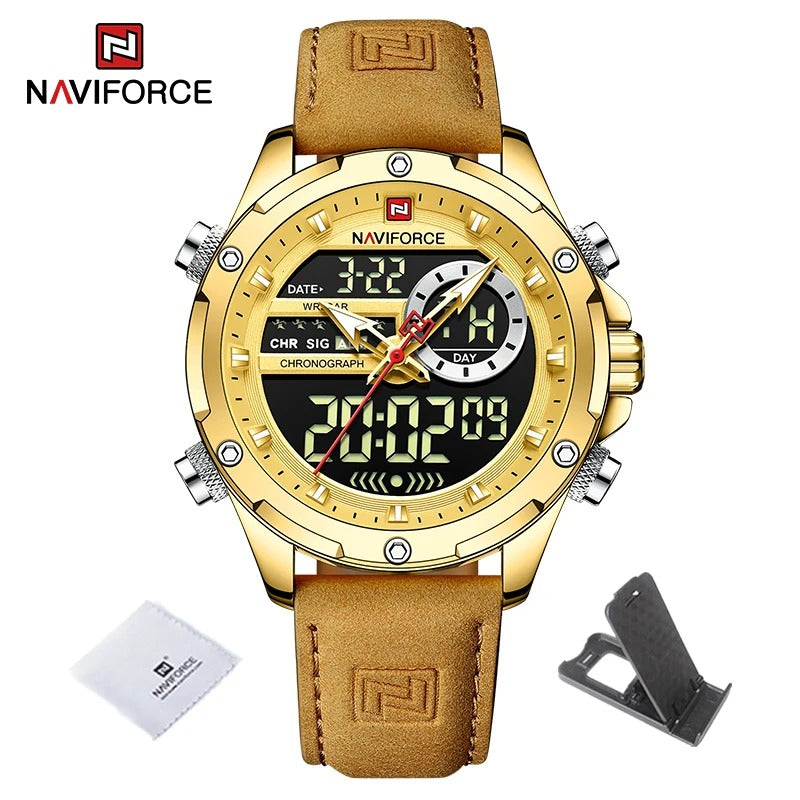 Reloj Naviforce Hombre Cuero Militar Doble Pantalla