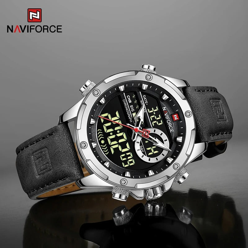 Reloj Naviforce Hombre Cuero Militar Doble Pantalla