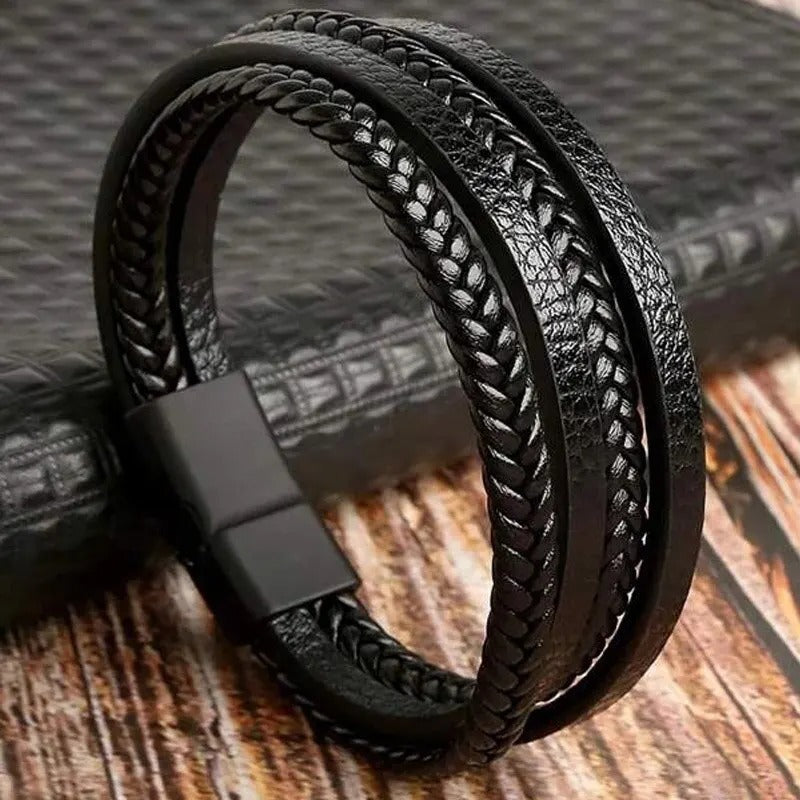 Pulsera Hombre Cuero Trenzado Multicapa