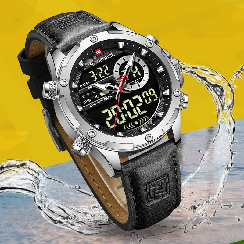 Reloj Naviforce Hombre Cuero Militar Doble Pantalla