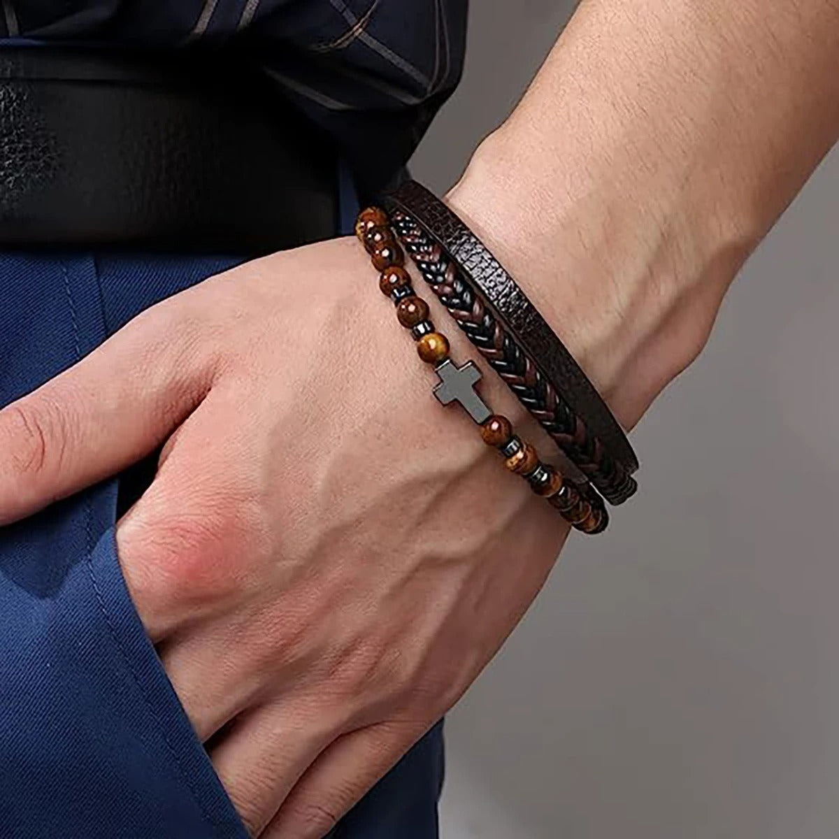 Pulsera Hombre Cuero Multicapa Vintage