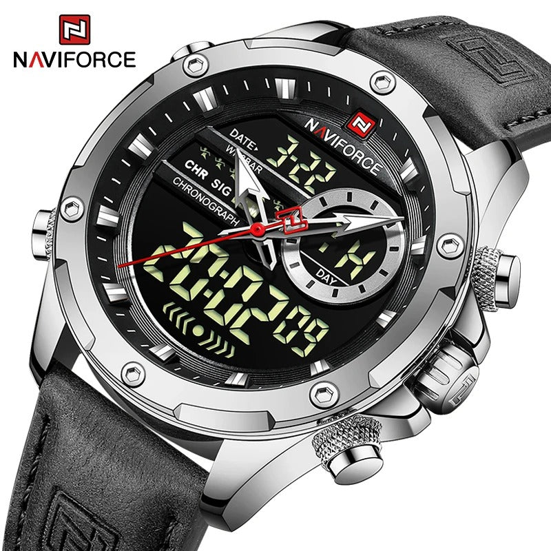 Reloj Naviforce Hombre Cuero Militar Doble Pantalla