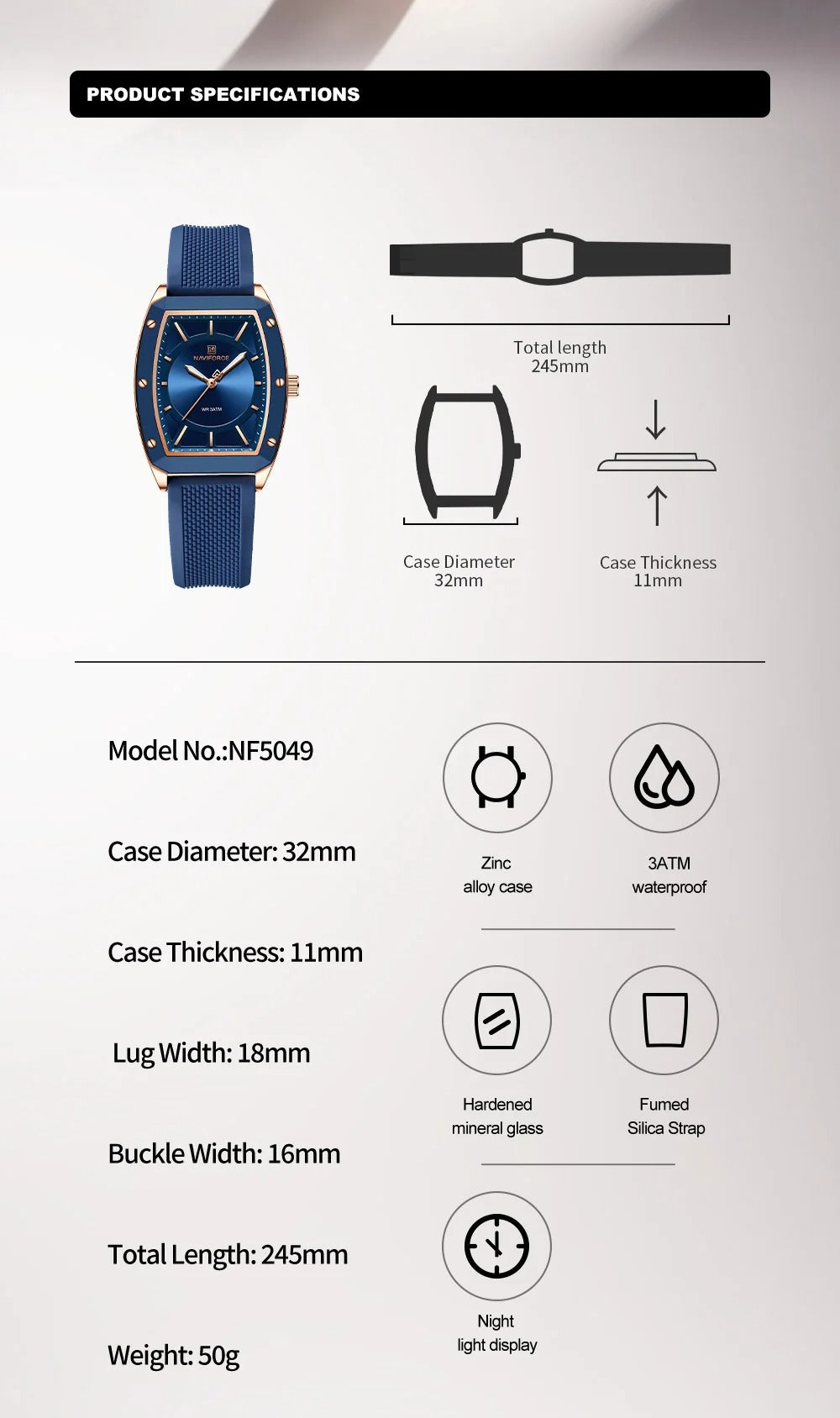 Reloj Naviforce NF5049 Mujer Tonneau Silicona
