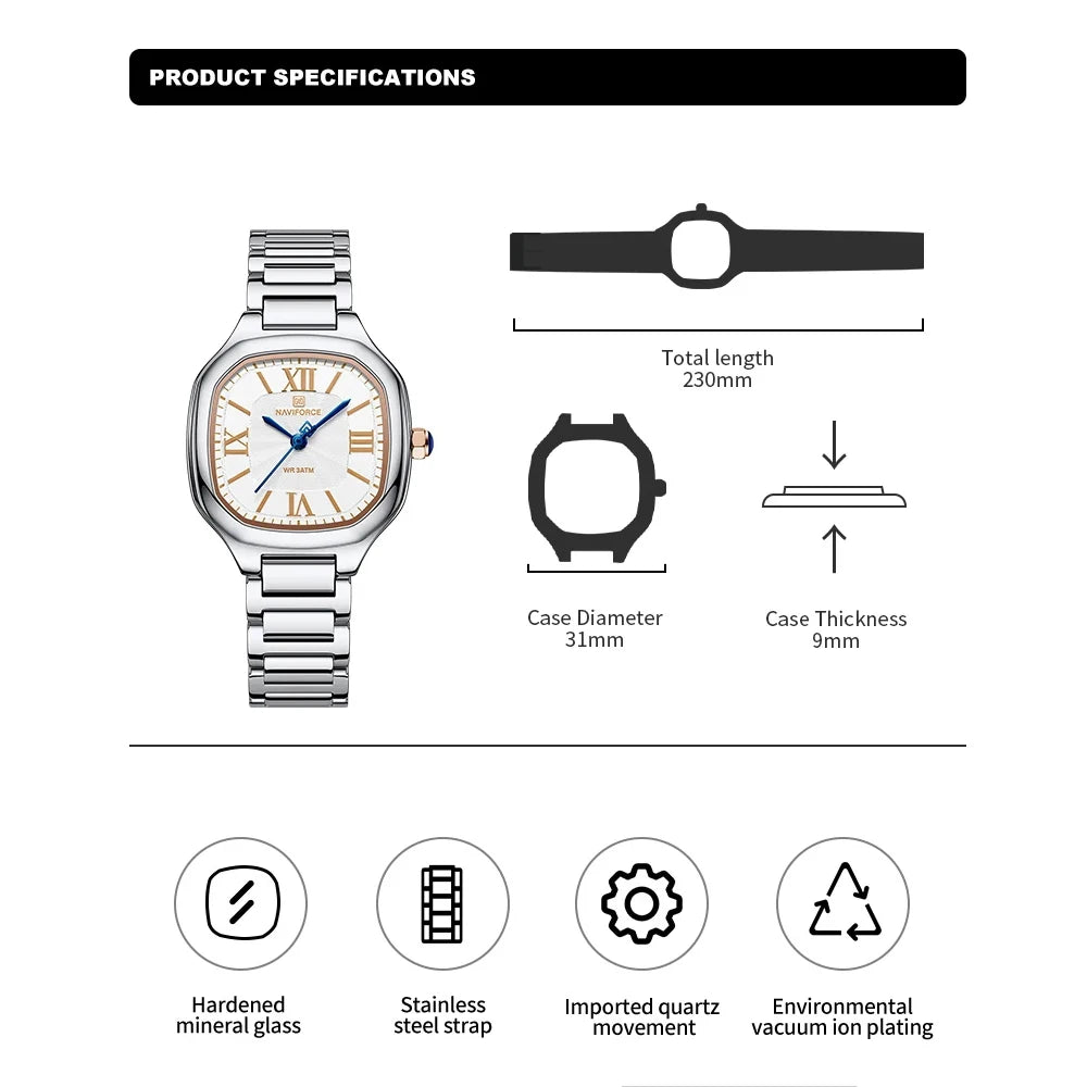 Reloj Naviforce Mujer Acero Cuadrado Vestir