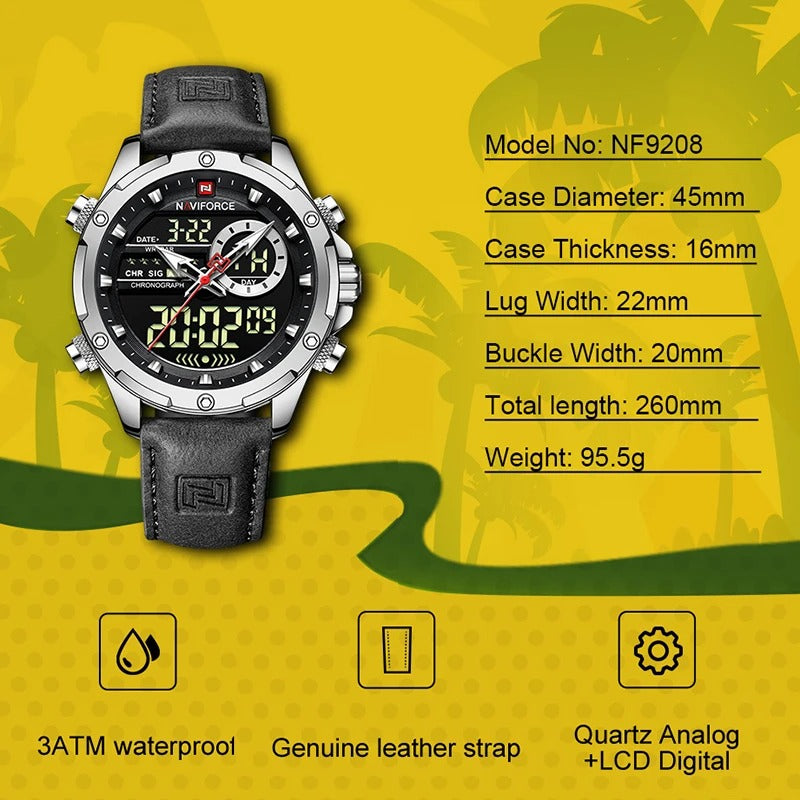 Reloj Naviforce Hombre Cuero Militar Doble Pantalla