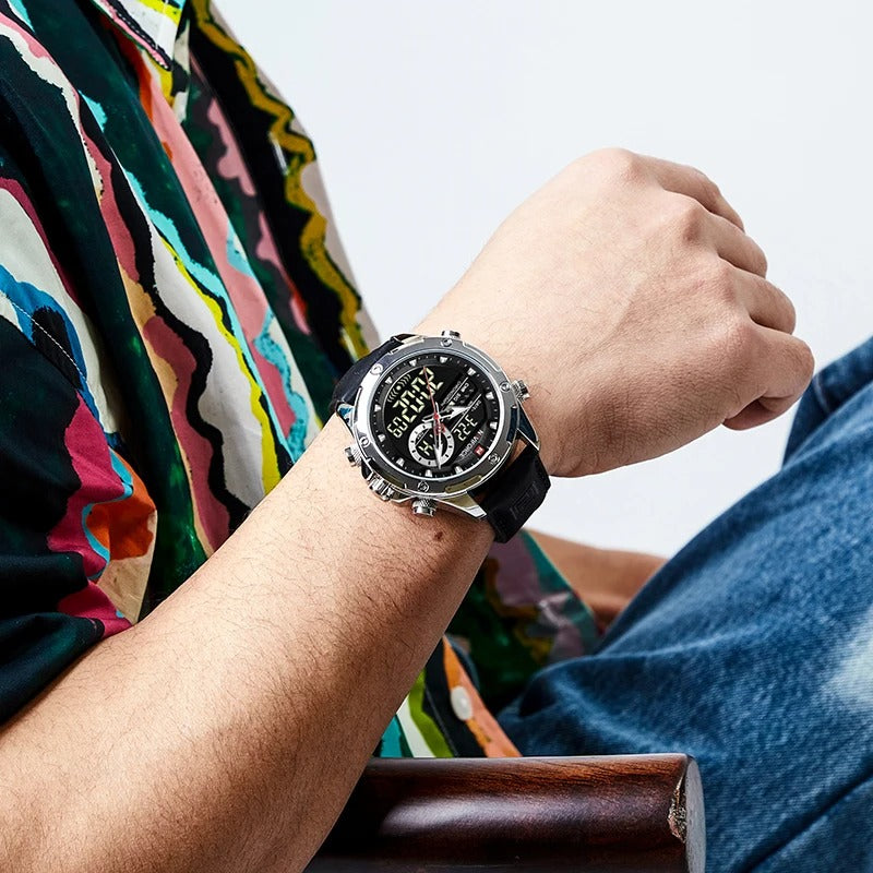 Reloj Naviforce Hombre Cuero Militar Doble Pantalla