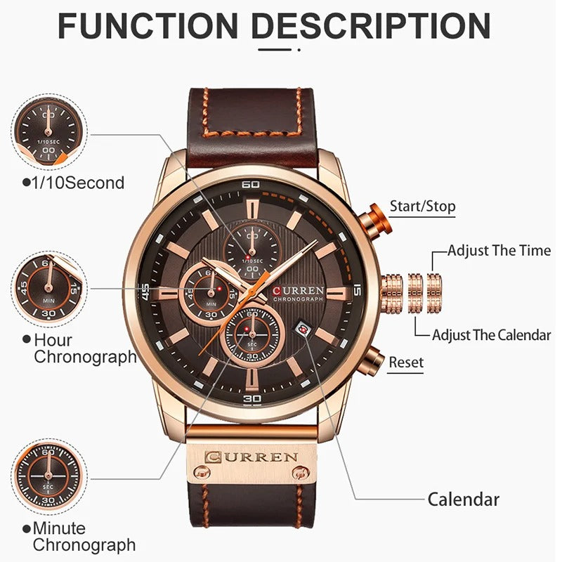 Reloj Curren 8291 Hombre Cuero Cronógrafo Militar
