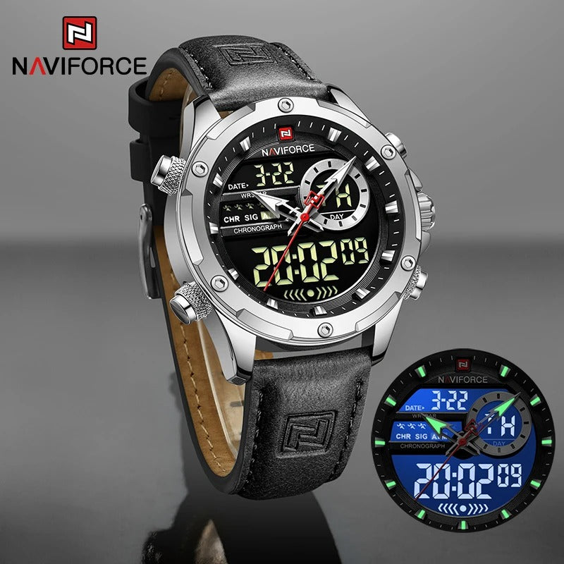 Reloj Naviforce Hombre Cuero Militar Doble Pantalla