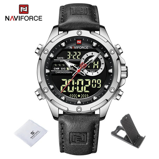 Reloj Naviforce Hombre Cuero Militar Doble Pantalla