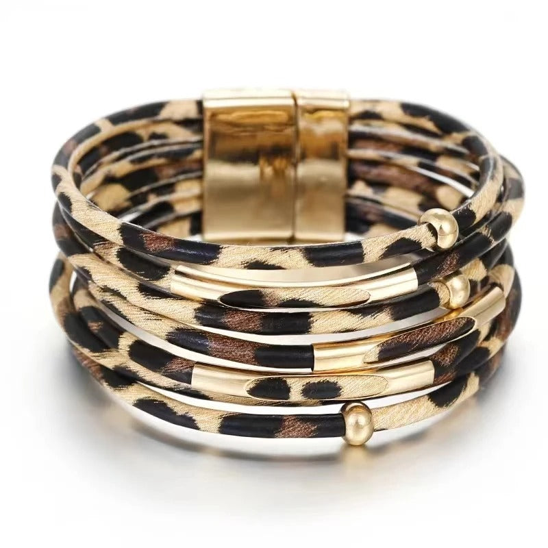 Pulsera de Cuero Leopardo Multicapa Unisex