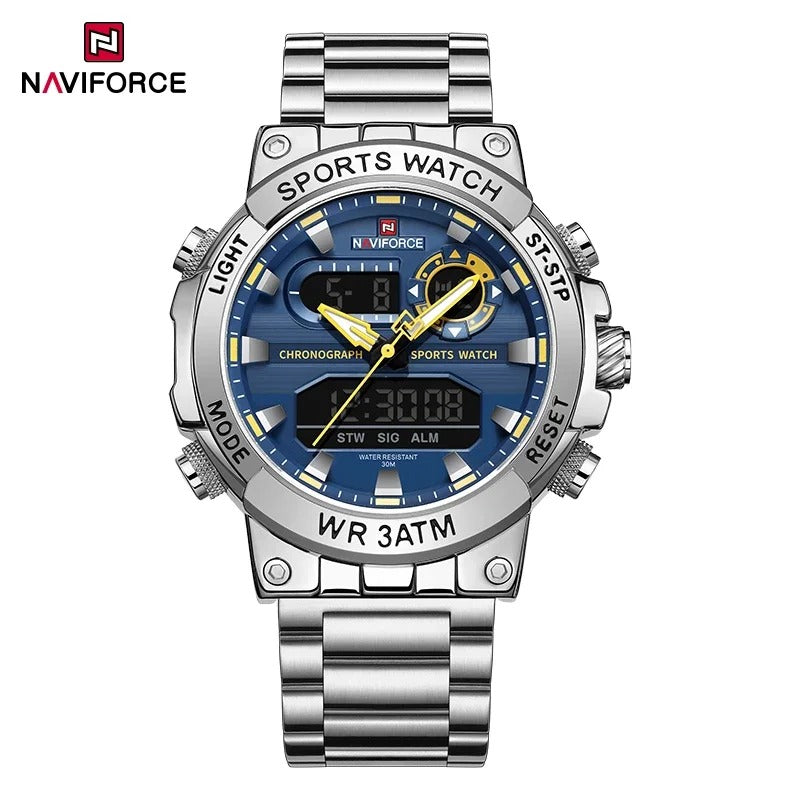 Reloj NAVIFORCE NF9237 para Hombre – Militar Deportivo con Pantalla Dual, Acero Inoxidable, LED, Resistente al Agua y Golpes | Foucault Chile