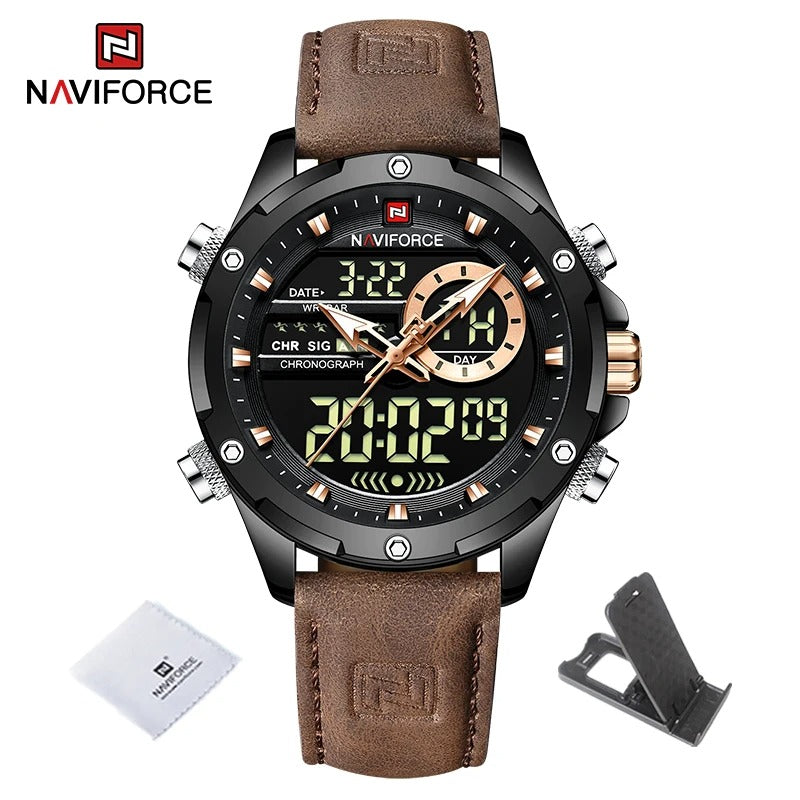 Reloj Naviforce Hombre Cuero Militar Doble Pantalla