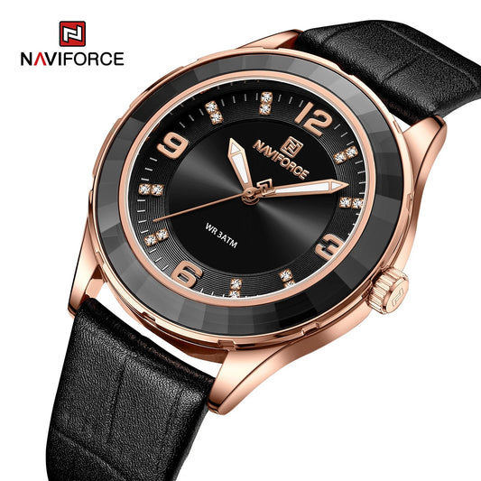 Reloj NAVIFORCE 5040 para Mujer – Reloj Clásico de Cuero Negro, Diseño Elegante y Resistente al Agua 3ATM | Foucault Chile