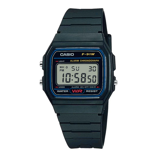 Reloj Casio F-91W digital unisex negro, vista frontal — Foucault Valdivia