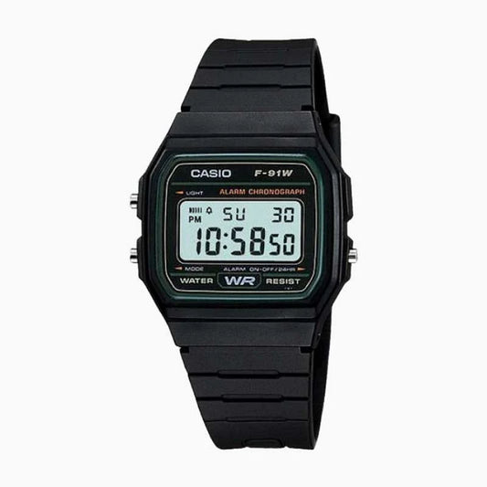 Reloj Casio F-91W digital unisex, detalle de la pantalla — Foucault Valdivia