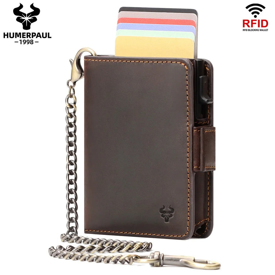 Tarjetero Hombre Cuero Genuino con Cadena y RFID