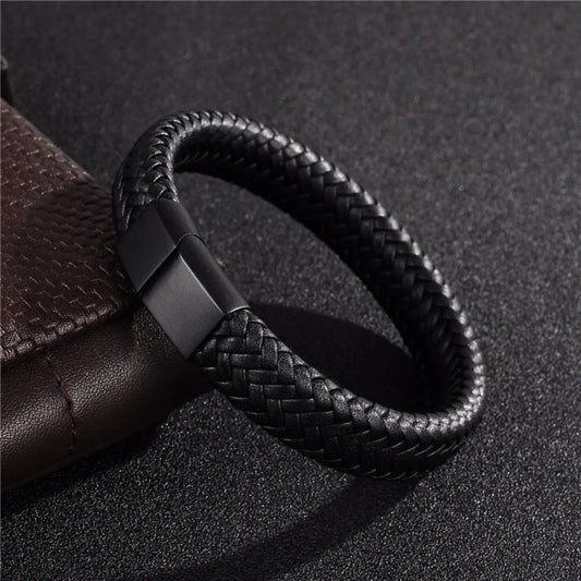 Pulsera Hombre Cuero Retro Abierta – Brazalete Tejido Ajustable