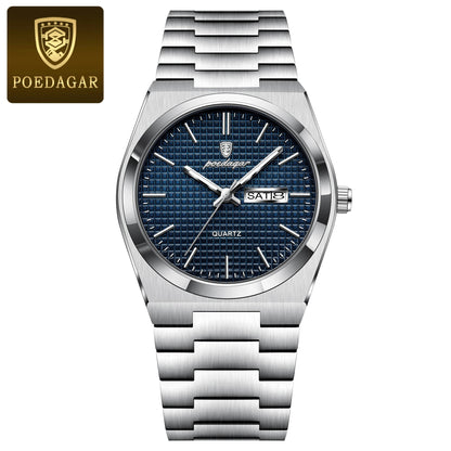 POEDAGAR 821 Reloj Hombre – Acero Inoxidable de Lujo con Fecha y Semana, Luminoso, Resistente al Agua
