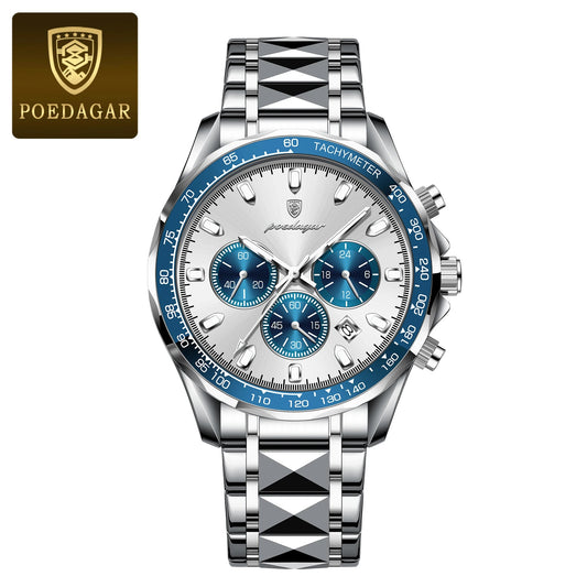 POEDAGAR 815-WH1 Reloj Hombre  – Cronógrafo de Acero Inoxidable con Fecha, Luminoso, Reloj de Negocios Elegante