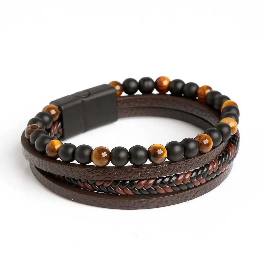 Pulsera Hombre Cuero Multicapa con Ojo de Tigre